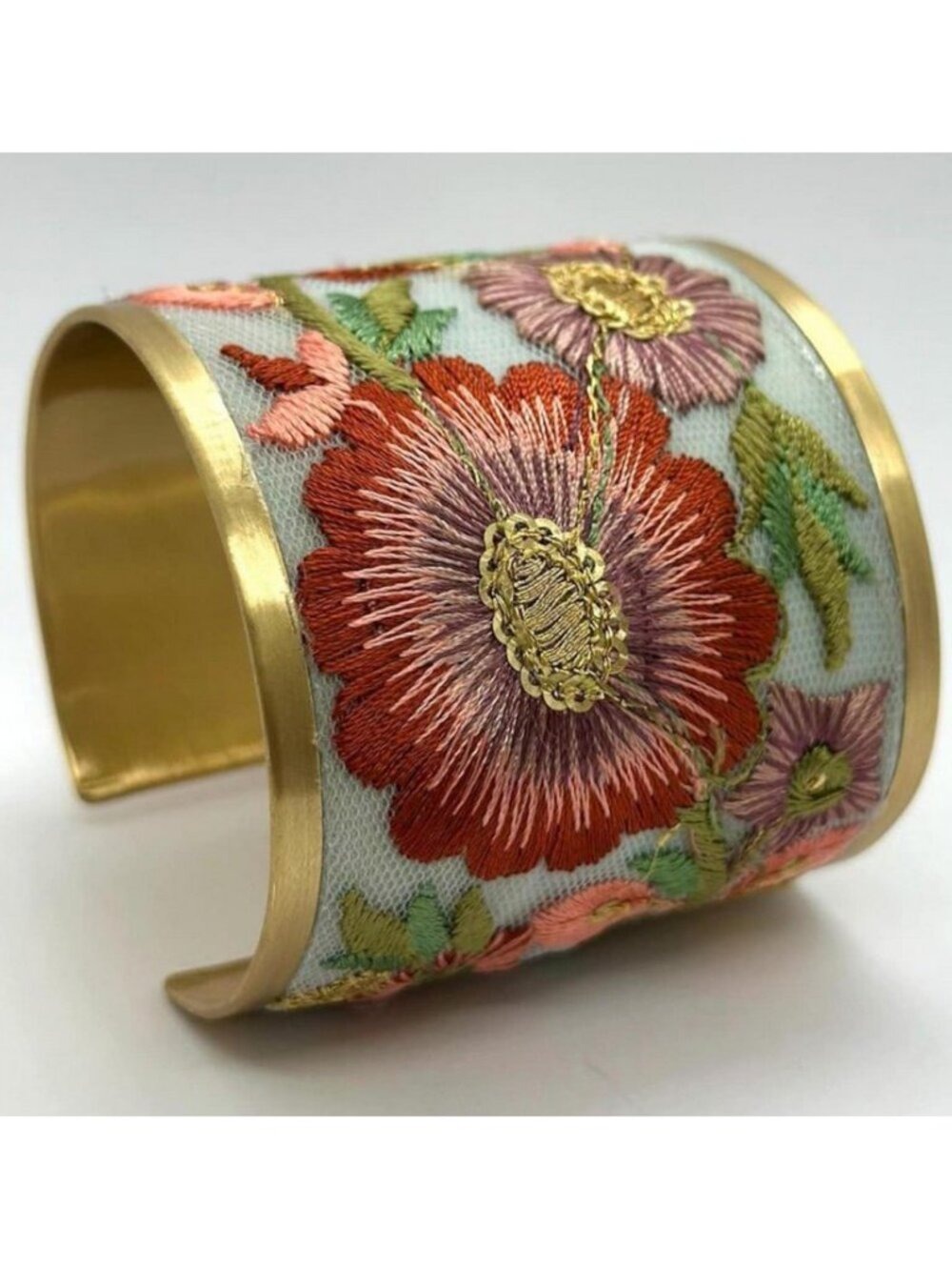 Rust Rose Pink Embroidered Brushed Gold tone Vintage Inspired Cuff Bracelet - Picture 6 of 11